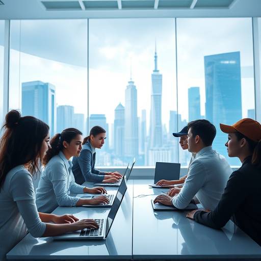 A diverse group of students participating in a virtual classroom session on laptops, with a futuristic cityscape in the background.