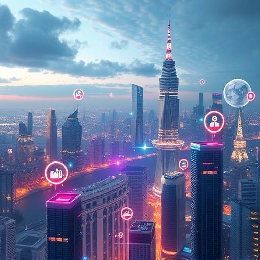 A futuristic cityscape with digital icons representing various technology skills floating in the air.