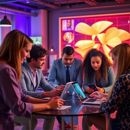 A group of diverse individuals interacting and collaborating in a vibrant online forum, using various devices.