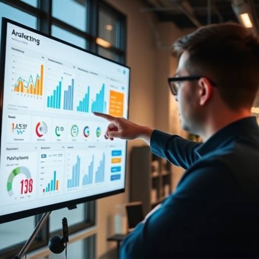Digital Marketing Course: A person pointing at a screen displaying digital marketing analytics charts and graphs.