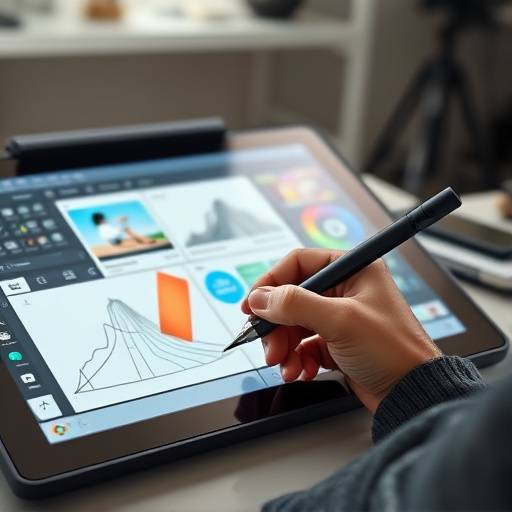 Graphic Design Course: A hand holding a digital pen drawing on a tablet with graphic design software open.