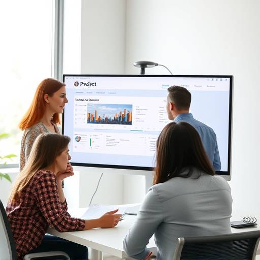 Project Management Course: A team collaborating around a table, discussing project timelines and milestones displayed on a screen.
