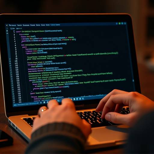 Python Programming Course: A hand coding on a laptop screen with Python code displayed.